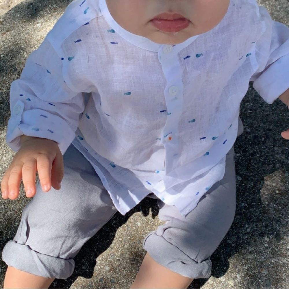 Zara White Linen Shirt and Light Gray Pants Kids Matching Set